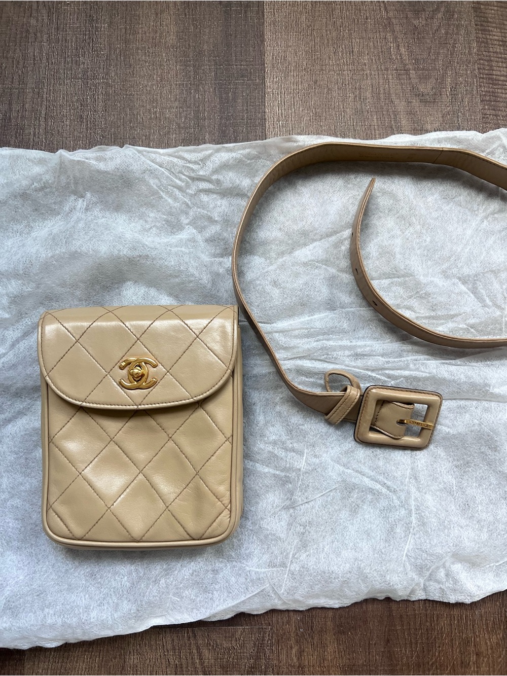 CHANEL Beige Quilted Leather Mini Belt Bag with Gold CC (rare)